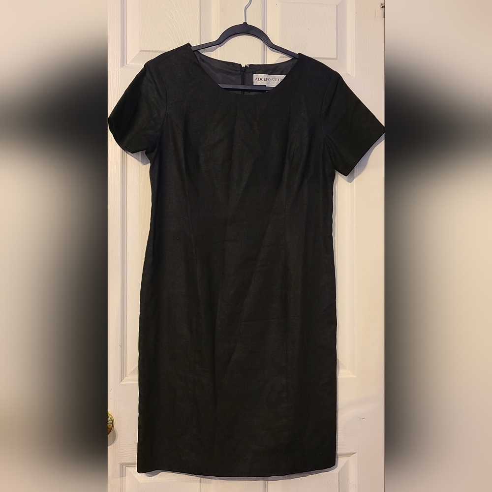 Black Sheath Dress 10 Shoulder Pads Lined Linen Blend Adolfo Studio VTG